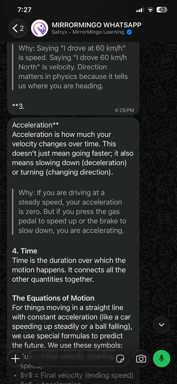The bot explains acceleration and time, then introduces the equations of motion