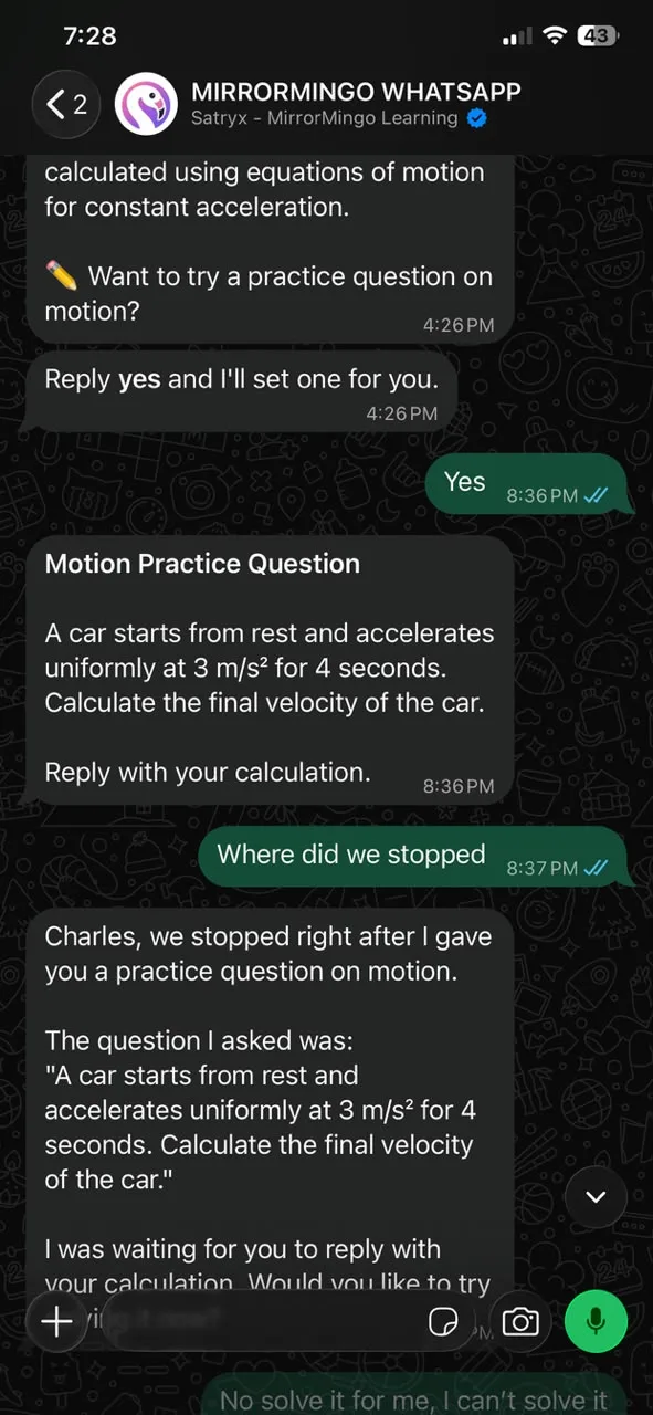 The learner replies yes to a practice question, then asks where they stopped, and the bot reminds them