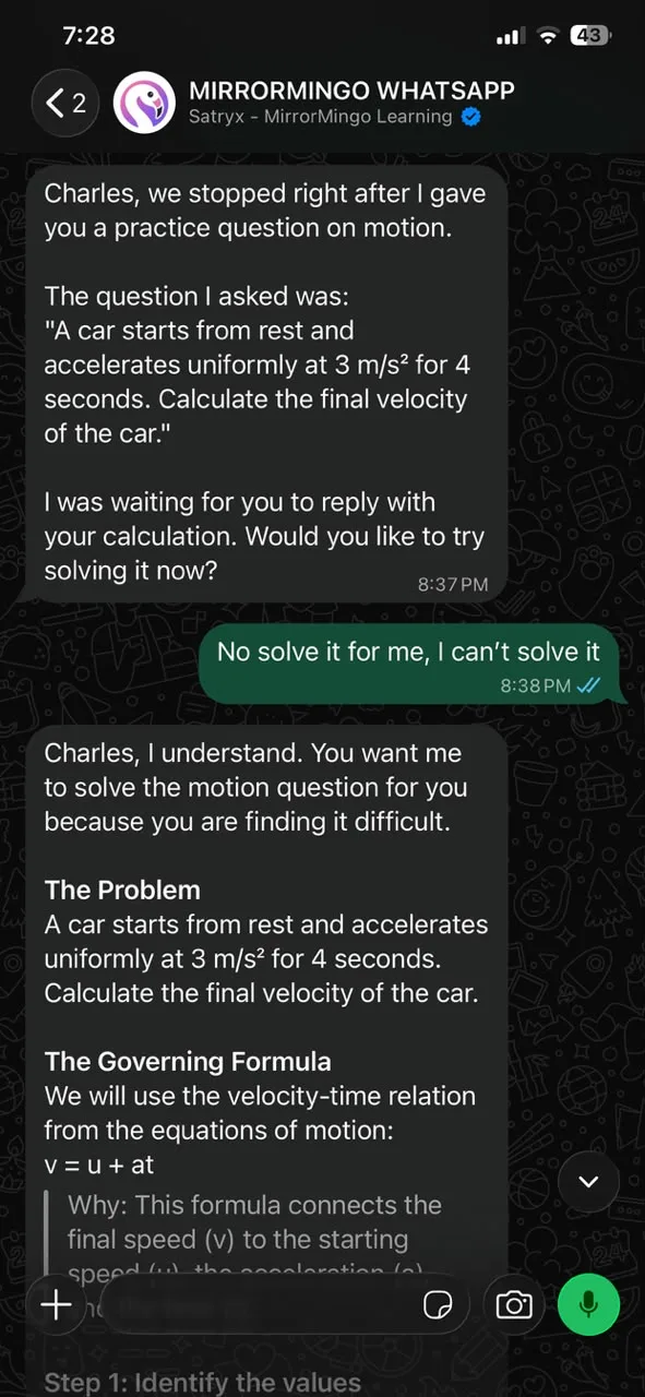 The learner asks the bot to solve the practice question and the bot begins a step-by-step solution