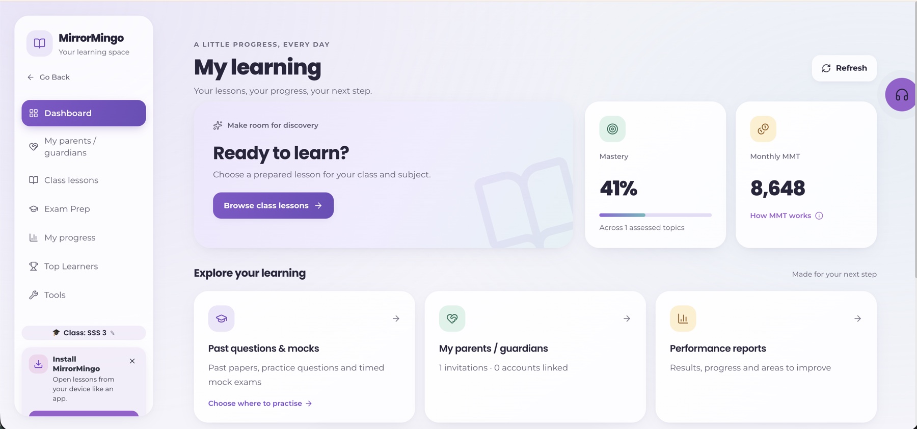 MirrorMingo learner dashboard