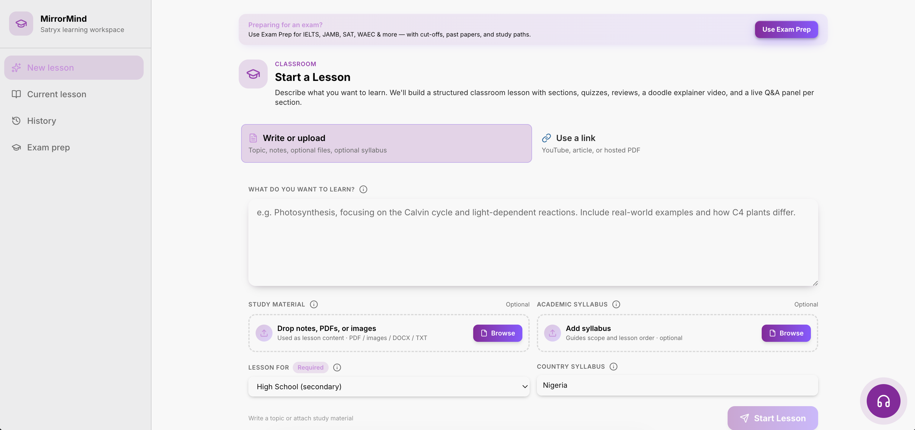MirrorMingo lesson builder screen